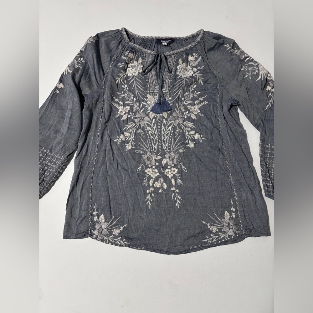Johnny Was Workshop Oleander Marrakesh Blouse Chambray White Blue Size XS - Picture 2 of 11